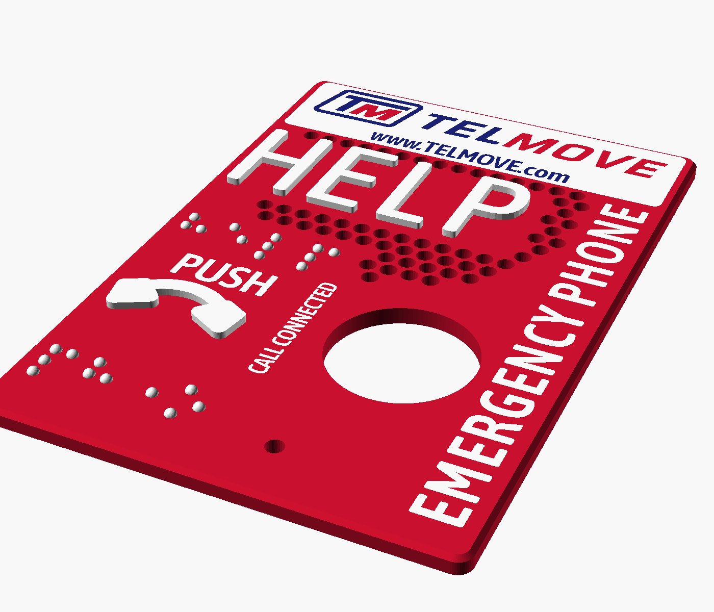 Red TELMOVE elevator emergency phone faceplate with raised HELP lettering, Braille, push-button opening and speaker grille