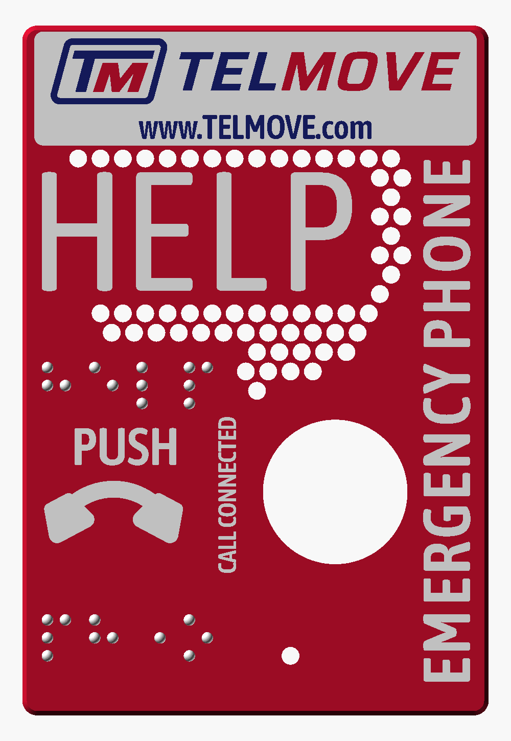 Front view of the red TELMOVE TECS-A+ faceplate: HELP in raised letters, Braille, PUSH button area, call connected indicator and EMERGENCY PHONE text